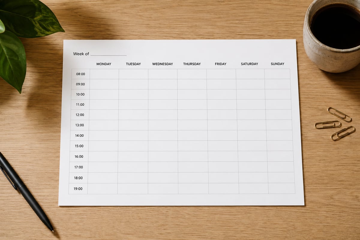 Free printable weekly planner PDF: an hourly A4 planner sheet on a desk