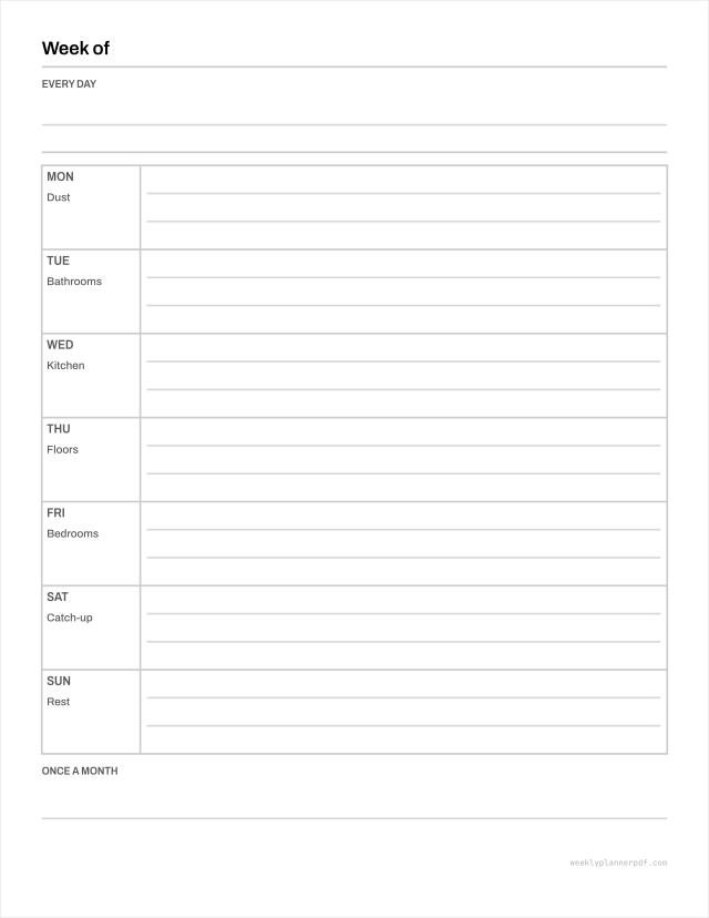 Daily, weekly and monthly cleaning checklist, US Letter 215.9 by 279.4 millimetres