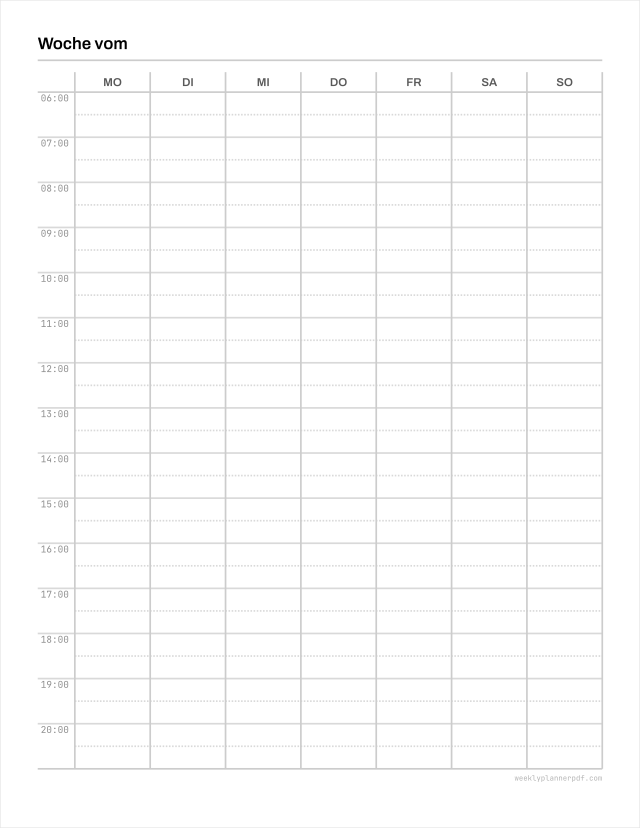 Hourly weekly planner, US Letter 215.9 by 279.4 millimetres