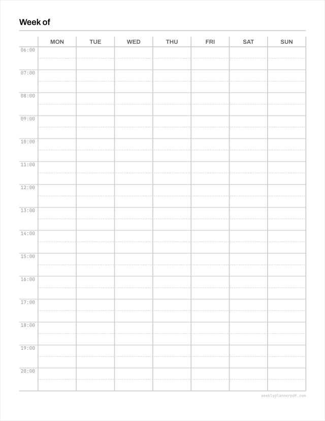 Hourly weekly planner, US Letter 215.9 by 279.4 millimetres