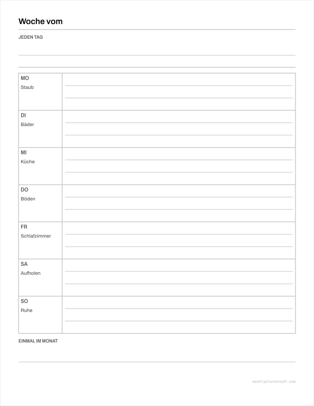 Weekly cleaning schedule, US Letter 215.9 by 279.4 millimetres