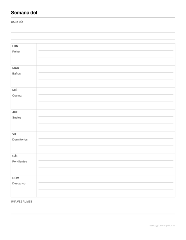 Weekly cleaning schedule, US Letter 215.9 by 279.4 millimetres