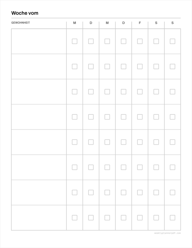 Weekly habit tracker, US Letter 215.9 by 279.4 millimetres