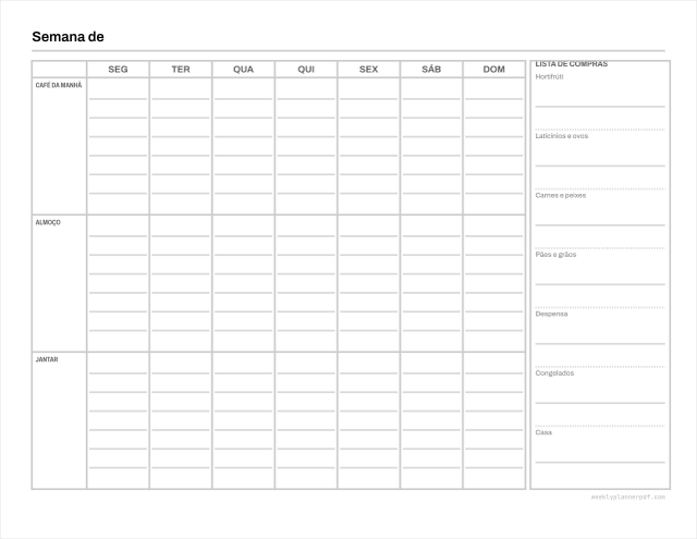 Weekly meal planner, US Letter 215.9 by 279.4 millimetres