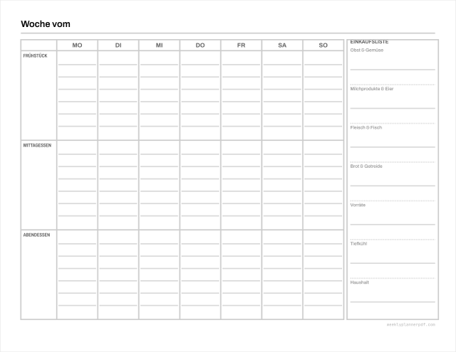 Weekly meal planner with grocery list, US Letter 215.9 by 279.4 millimetres