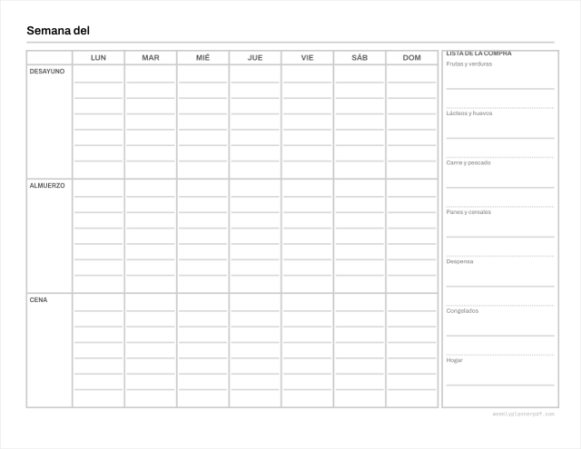 Weekly meal planner with grocery list, US Letter 215.9 by 279.4 millimetres