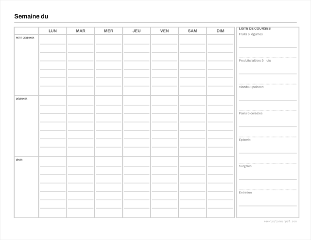 Weekly meal planner with grocery list, US Letter 215.9 by 279.4 millimetres