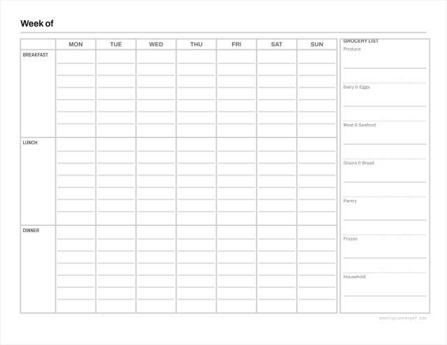 Weekly meal planner with grocery list, US Letter 215.9 by 279.4 millimetres