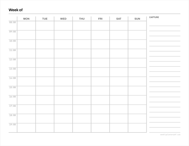 Weekly time blocking template, US Letter 215.9 by 279.4 millimetres